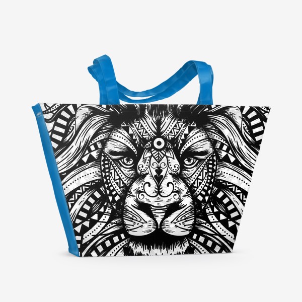 Пляжная сумка «Черно белый лев в африканском узоре»