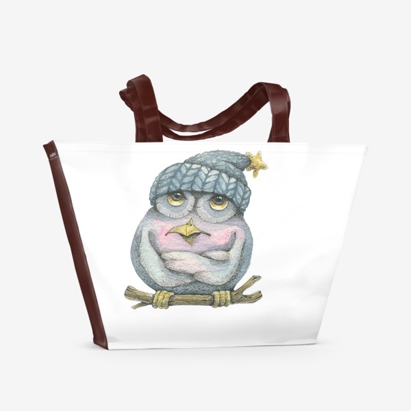 Пляжная сумка «Волшебная сова в шапке. Акварель.»