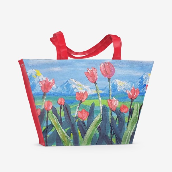 Пляжная сумка «Поле тюльпанов на фоне гор»