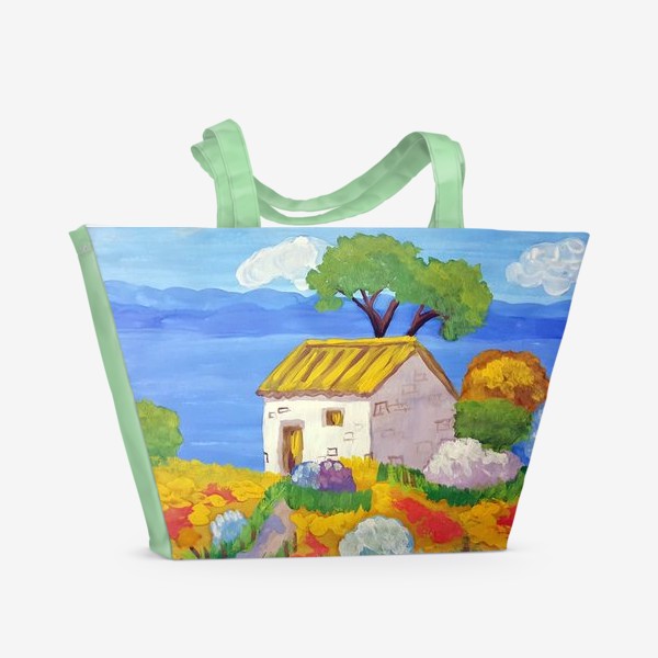 Пляжная сумка &laquo;Бежевый домик на берегу моря в цветах.&raquo;