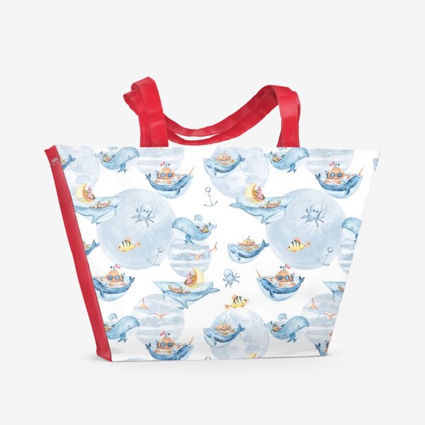 Пляжная сумка «Акварельная иллюстрация китов и рыбок. Детский принт для одежды»