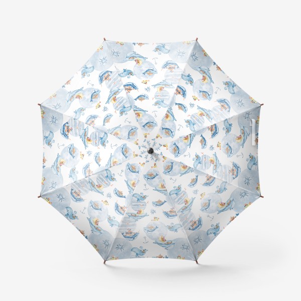Зонт «Акварельная иллюстрация китов и рыбок. Детский принт для одежды»