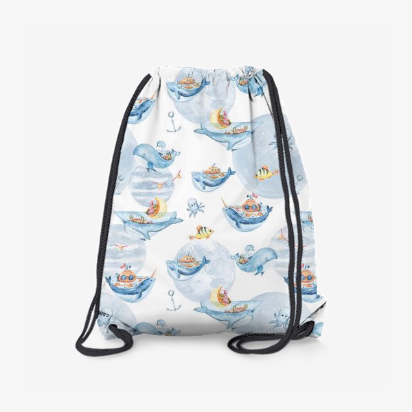Рюкзак «Акварельная иллюстрация китов и рыбок. Детский принт для одежды»