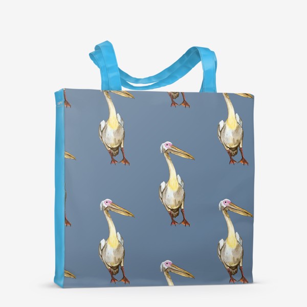 Сумка-шоппер «Белый пеликан на синем акварель»