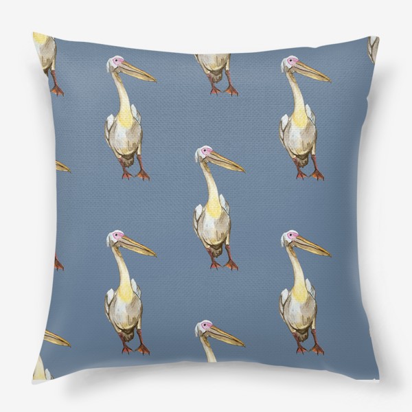 Подушка «Белый пеликан на синем акварель»