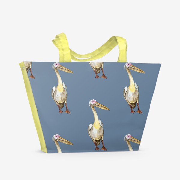 Пляжная сумка «Белый пеликан на синем акварель»