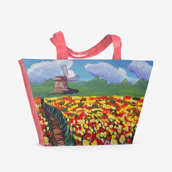 Пляжная сумка «Поле тюльпанов и мельница. »