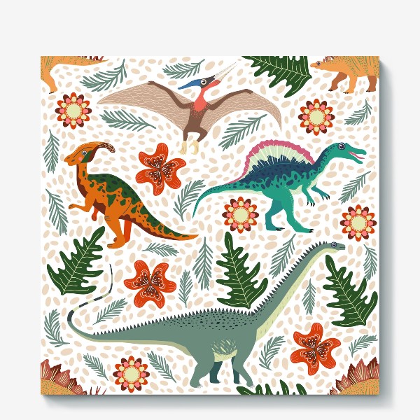 Холст &laquo;Динозавры и цветы, доисторический мир паттерн&raquo;