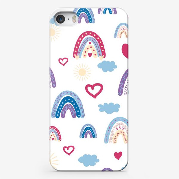 Чехол iPhone «Радуга, солнышко, облака и сердечки. Детский паттерн»