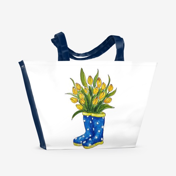 Пляжная сумка «Желтые тюльпаны в синих резиновых сапогах.»
