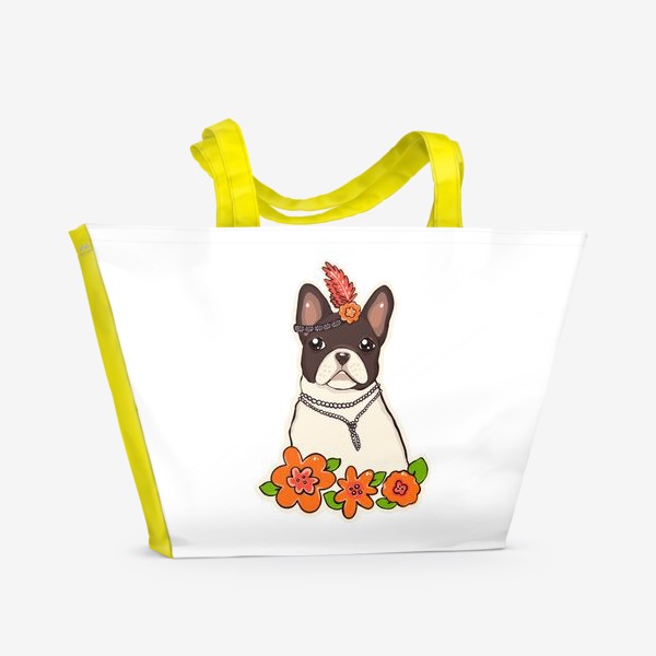 Пляжная сумка «Ретро бульдожка с цветами. Французский бульдог.»