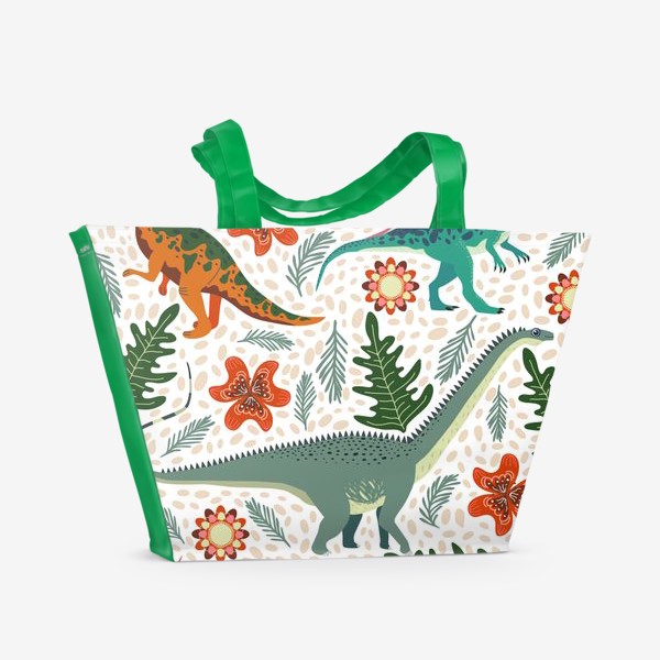 Пляжная сумка «Динозавры и цветы, доисторический мир паттерн»