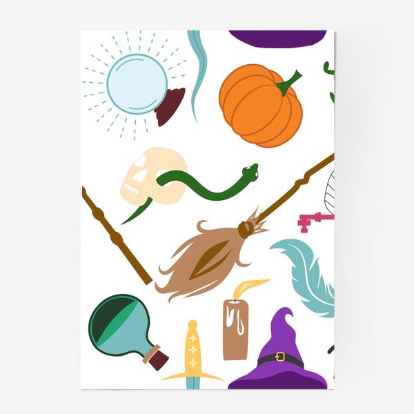 Постер «Атрибуты школы волшебства: палочка, метла, паук, шляпа, зелье, череп, тыква, шар и др. Гарри Поттер»