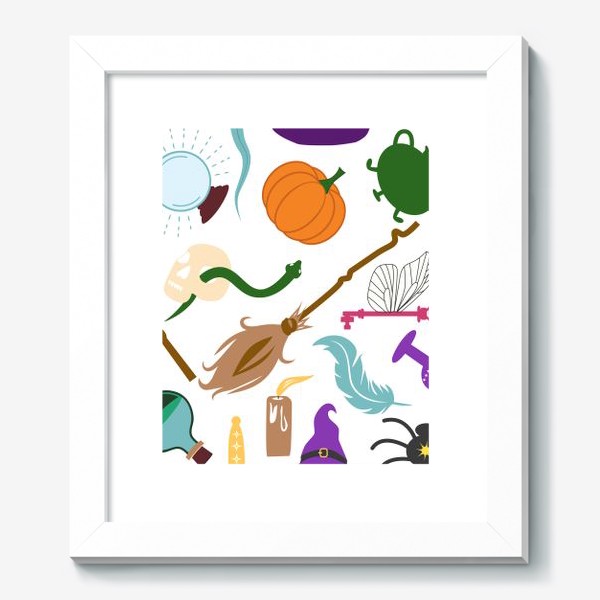 Картина &laquo;Атрибуты школы волшебства: палочка, метла, паук, шляпа, зелье, череп, тыква, шар и др. Гарри Поттер&raquo;