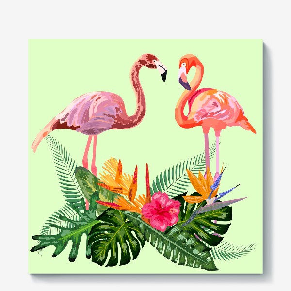 Холст «Пара розовых влюбленных фламинго в тропических цветах: гибискус, монстера, стрелицца»