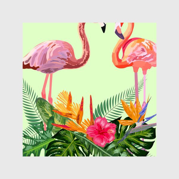 Шторы «Пара розовых влюбленных фламинго в тропических цветах: гибискус, монстера, стрелицца»