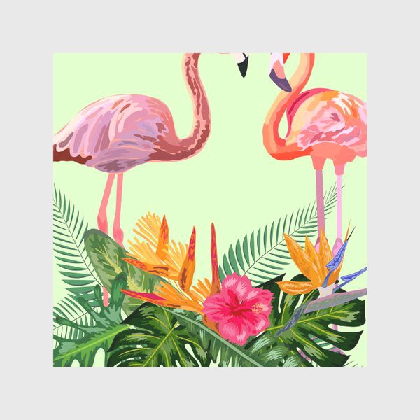 Скатерть «Пара розовых влюбленных фламинго в тропических цветах: гибискус, монстера, стрелицца»