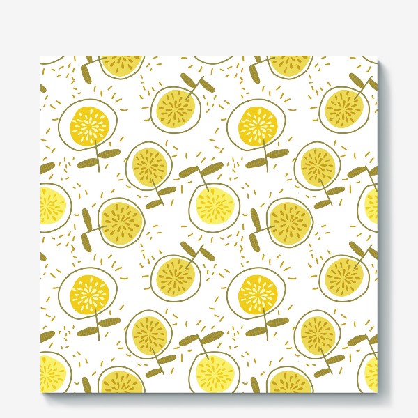 Холст &laquo;Веселые желтые абстрактные цветы на белом фоне&raquo;