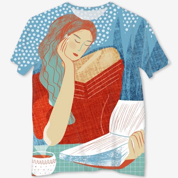Футболка с полной запечаткой «Девушка в красном читает книгу с чашкой чая - коллаж на синем и бирюзовом фоне»