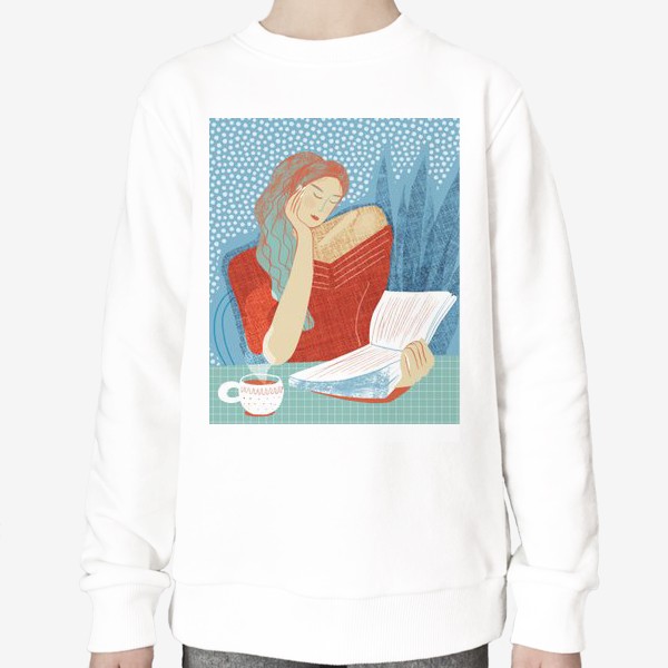 Свитшот «Девушка в красном читает книгу с чашкой чая - коллаж на синем и бирюзовом фоне»