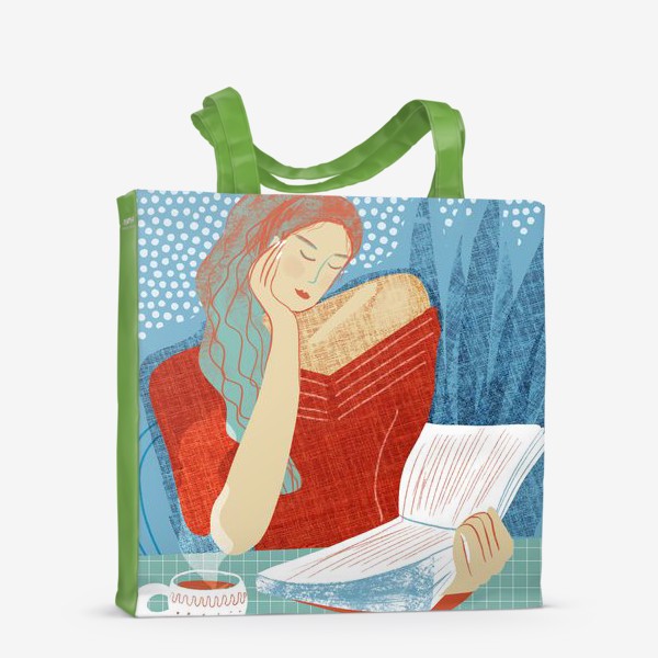 Сумка-шоппер «Девушка в красном читает книгу с чашкой чая - коллаж на синем и бирюзовом фоне»