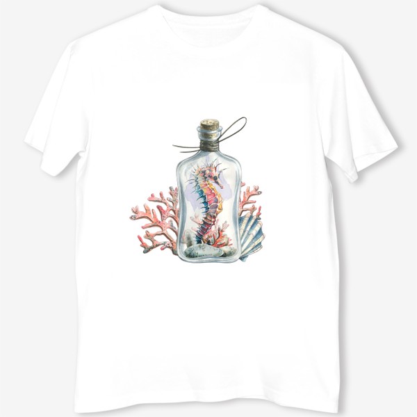 Футболка «Морской конек в бутылочке, кораллы, ракушки. Акварель.»