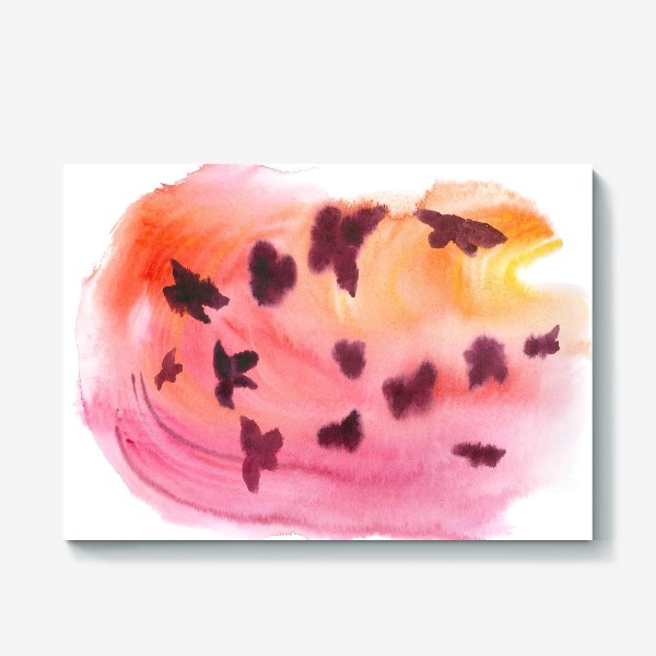 Холст «Flock of burgundy butterflies on the backdrop of fiery watercolor sunset - Стая бабочек на фоне огненного заката»