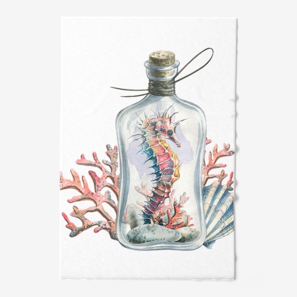 Полотенце &laquo;Морской конек в бутылочке, кораллы, ракушки. Акварель.&raquo;