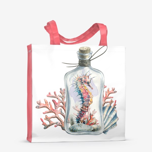 Сумка-шоппер «Морской конек в бутылочке, кораллы, ракушки. Акварель.»