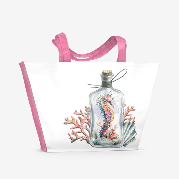 Пляжная сумка «Морской конек в бутылочке, кораллы, ракушки. Акварель.»