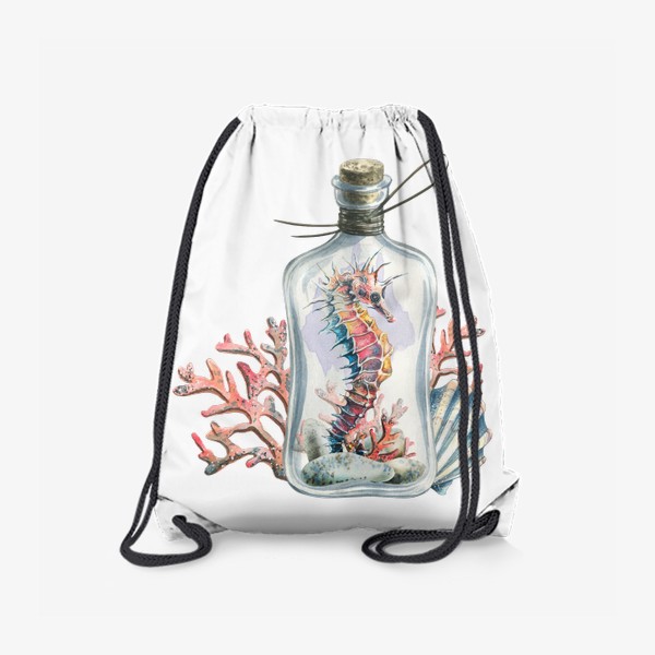 Рюкзак «Морской конек в бутылочке, кораллы, ракушки. Акварель.»