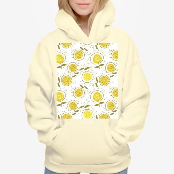 Худи «Веселые желтые абстрактные цветы на белом фоне»