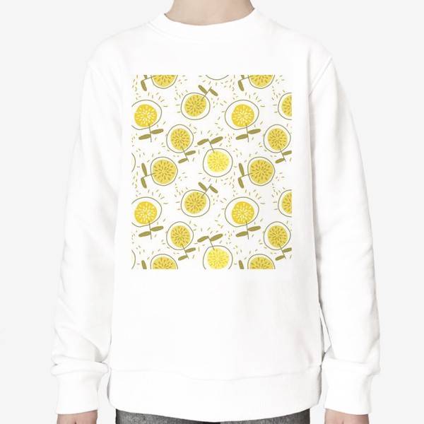 Свитшот «Веселые желтые абстрактные цветы на белом фоне»