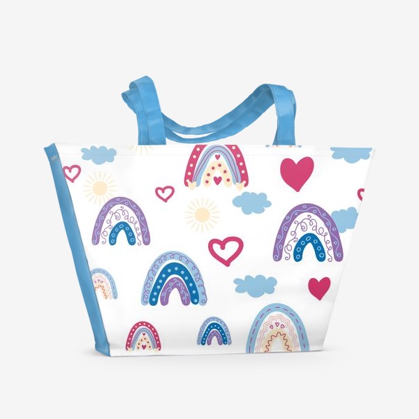 Пляжная сумка «Радуга, солнышко, облака и сердечки. Детский паттерн»