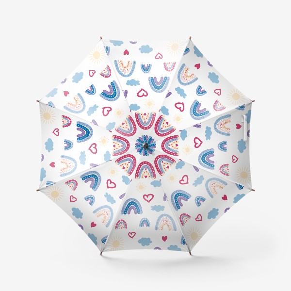 Зонт «Радуга, солнышко, облака и сердечки. Детский паттерн»