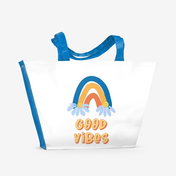 Пляжная сумка «Волны добра. Постер в стиле 1970х, ретро радуга и ромашки»