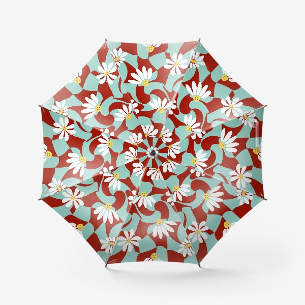 Зонт «Улыбающиеся ромашки на фоне завихрений, паттерн  в ретро стиле 1970х»