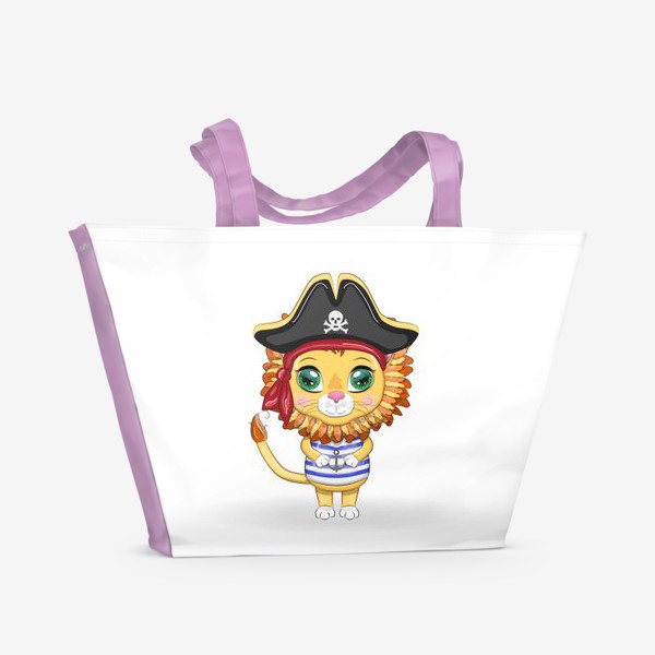 Пляжная сумка «Лев пират в треуголке и полосатой майке. Знак зодиака, милый детский персонаж»