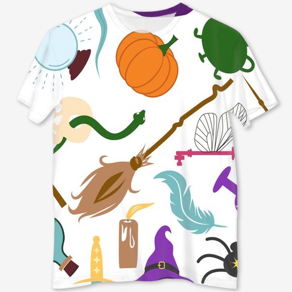 Футболка с полной запечаткой &laquo;Атрибуты школы волшебства: палочка, метла, паук, шляпа, зелье, череп, тыква, шар и др. Гарри Поттер&raquo;