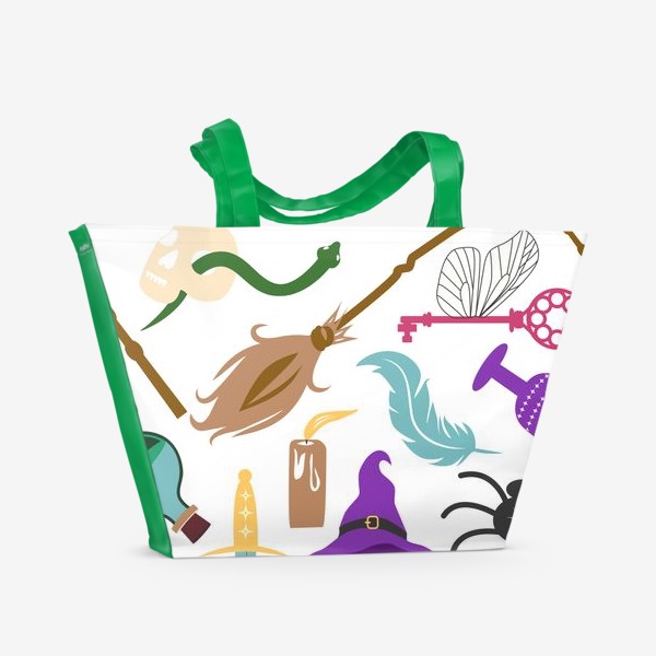 Пляжная сумка «Атрибуты школы волшебства: палочка, метла, паук, шляпа, зелье, череп, тыква, шар и др. Гарри Поттер»