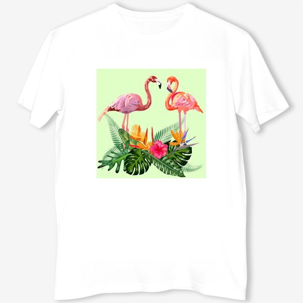 Футболка «Пара розовых влюбленных фламинго в тропических цветах: гибискус, монстера, стрелицца»