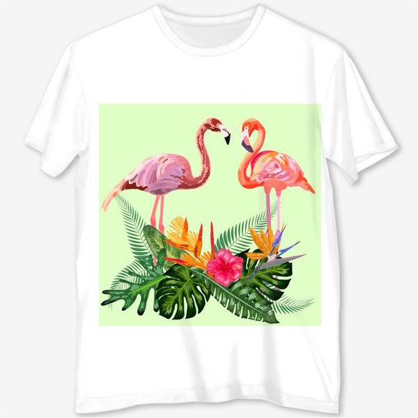 Футболка с полной запечаткой «Пара розовых влюбленных фламинго в тропических цветах: гибискус, монстера, стрелицца»