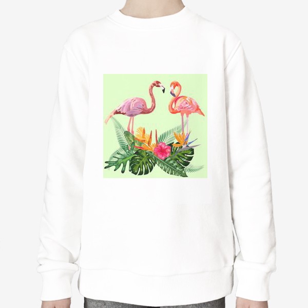 Свитшот «Пара розовых влюбленных фламинго в тропических цветах: гибискус, монстера, стрелицца»