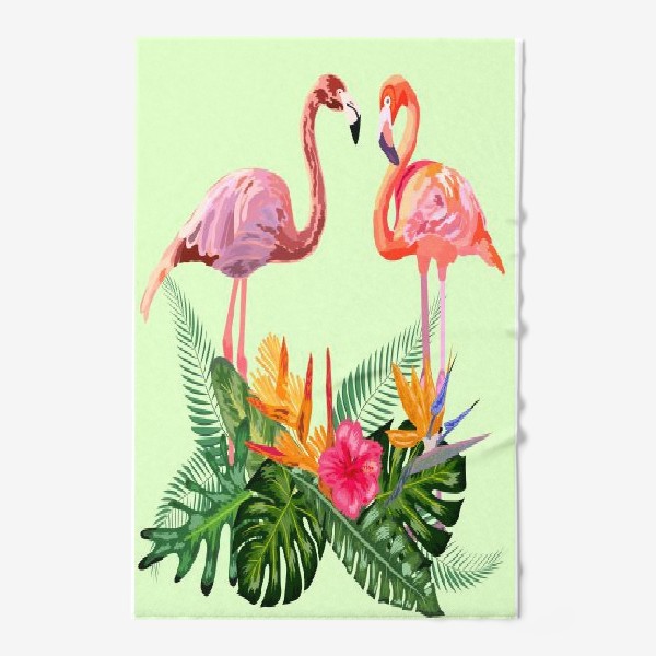 Полотенце &laquo;Пара розовых влюбленных фламинго в тропических цветах: гибискус, монстера, стрелицца&raquo;