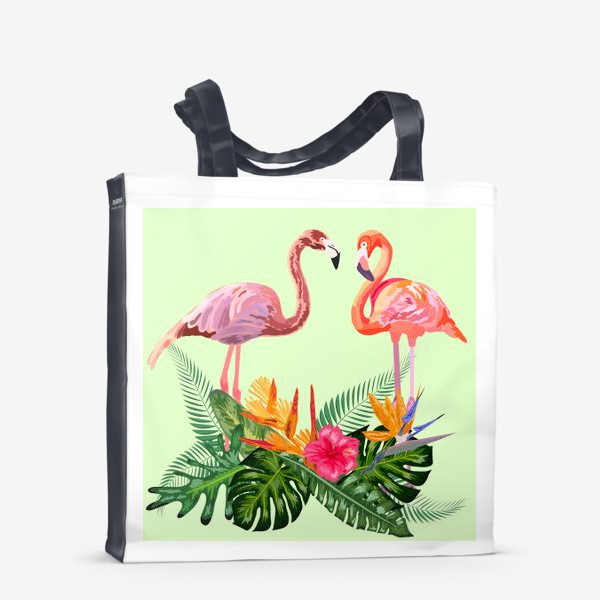 Сумка-шоппер «Пара розовых влюбленных фламинго в тропических цветах: гибискус, монстера, стрелицца»