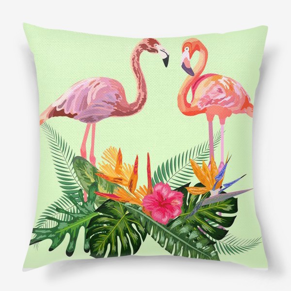 Подушка «Пара розовых влюбленных фламинго в тропических цветах: гибискус, монстера, стрелицца»
