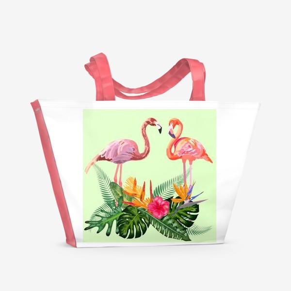 Пляжная сумка «Пара розовых влюбленных фламинго в тропических цветах: гибискус, монстера, стрелицца»