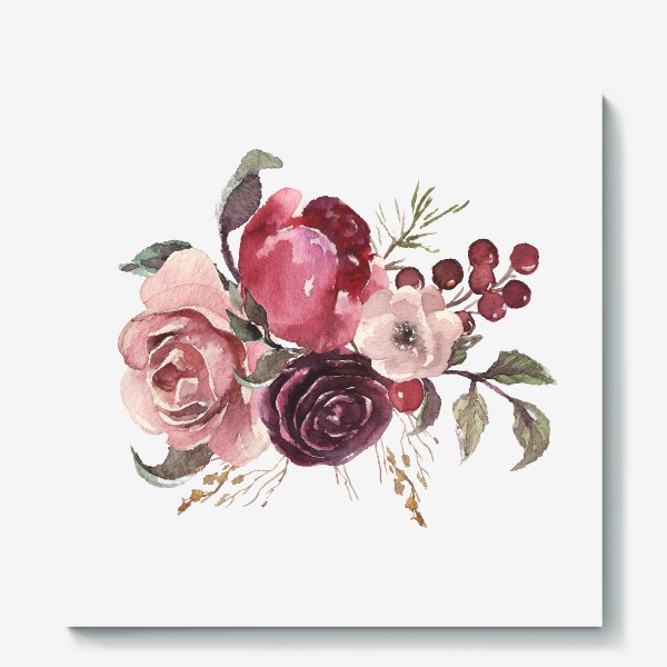 Холст &laquo;Цветы акварель розы и пионы&raquo;