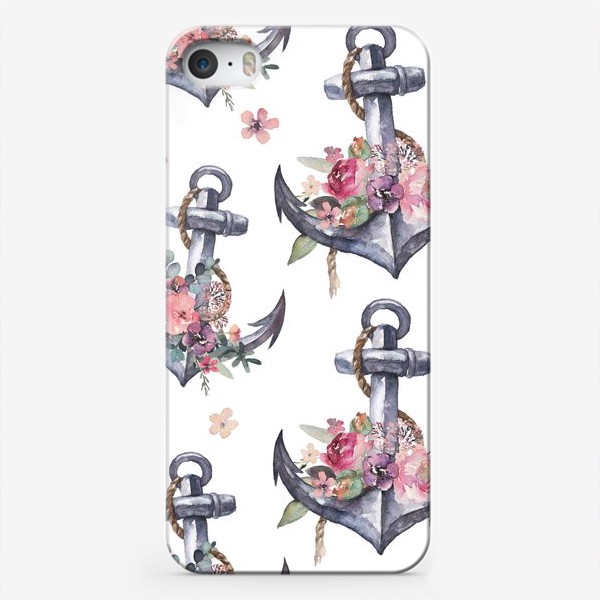 Чехол iPhone «якори и цветы акварель»