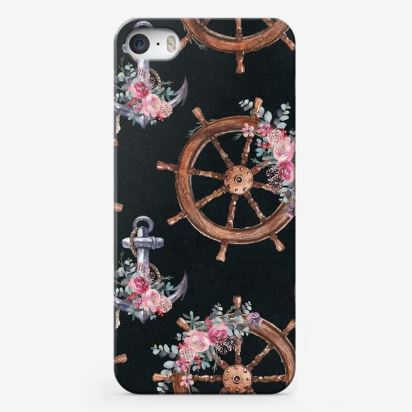 Чехол iPhone «Штурвал, якори и цветы акварель»